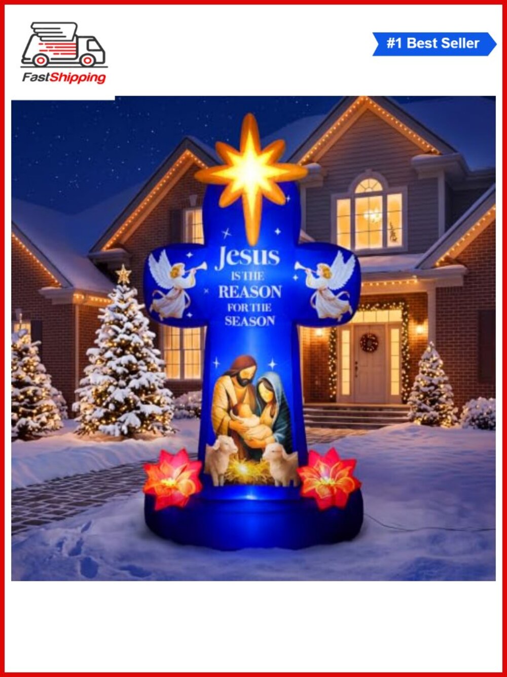 🎅 7FT Christmas Inflatable Nativity Scene Cross LED Yard Decor
